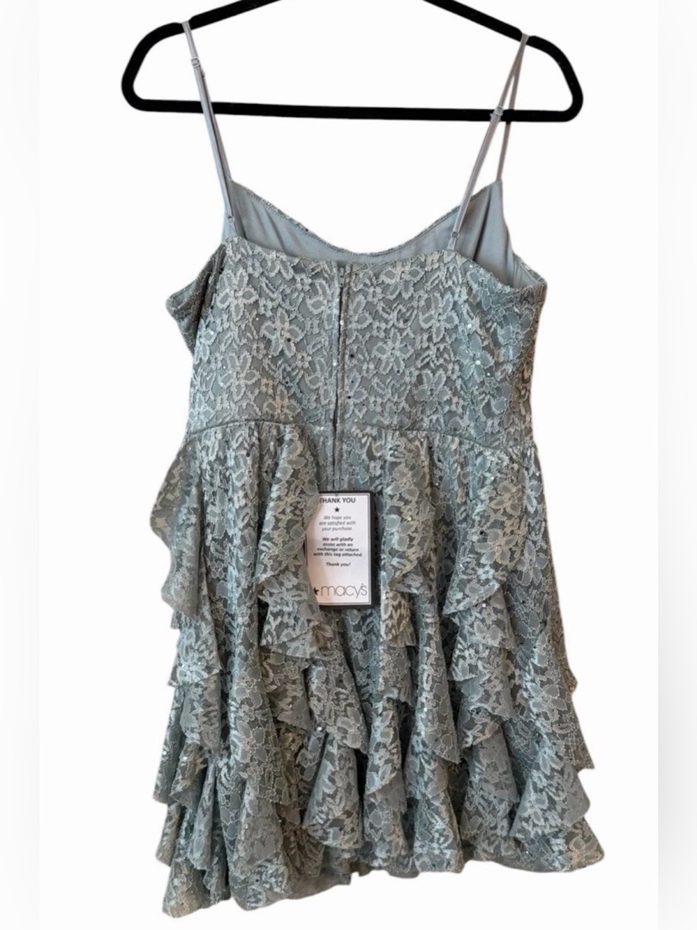Silver Lace Ruffle Mini Dress Spaghetti Strap Size 15/16 - Picture 3 of 6